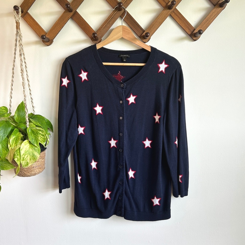 Talbots‎ Navy Blue Star Print Cardigan Sweater V-Neck 3/4 Sleeve Womens Large